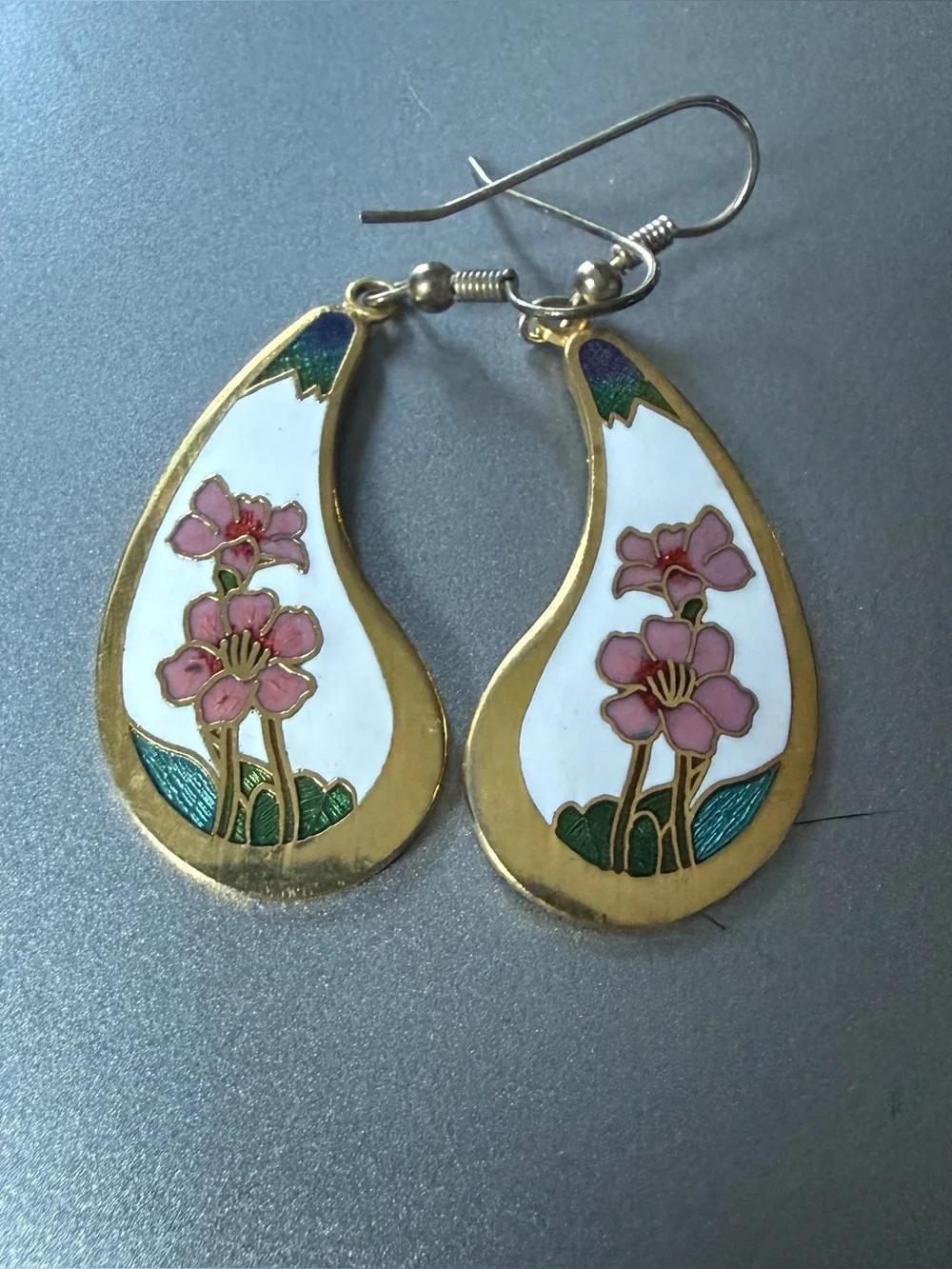 Vintage Cloisonne Enamel Floral Paisley Drop Earrings Gold Tone